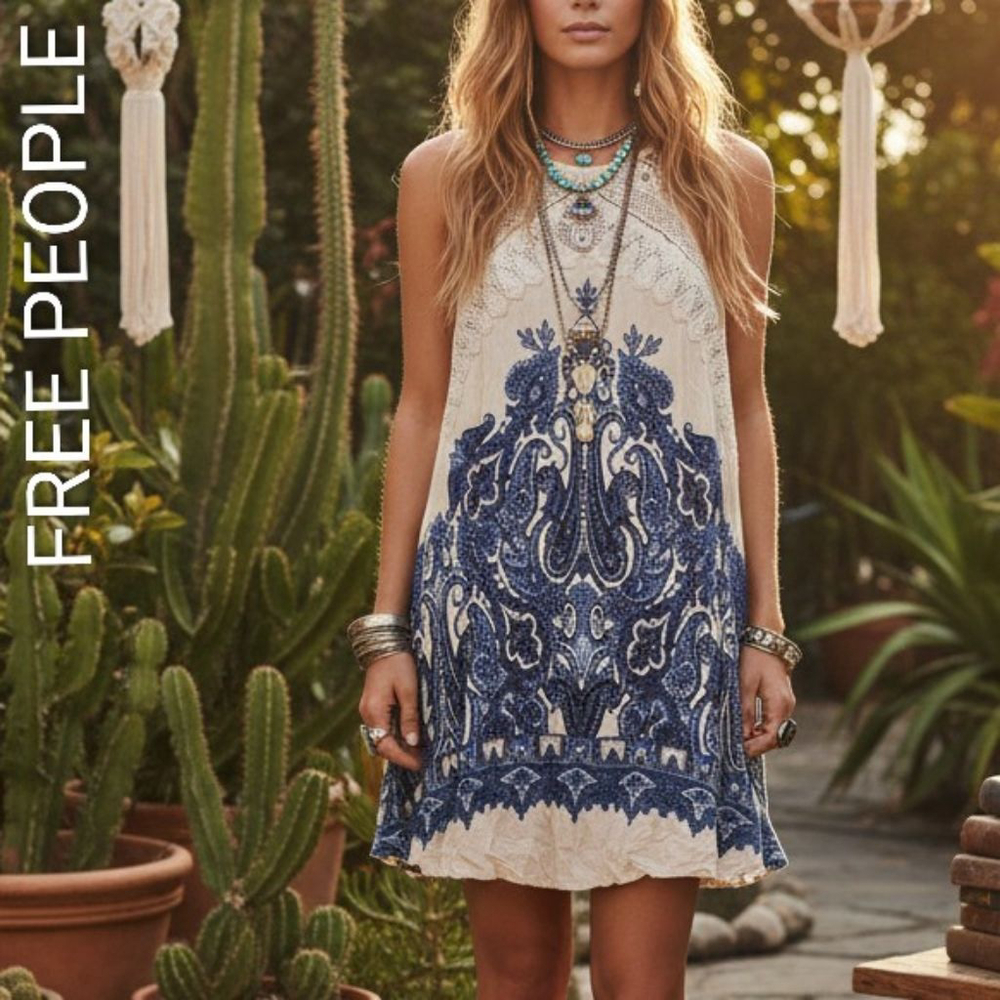 Women's Free People Mini Dress Petite S Beige Blue Paisley Shea Print Bohemian